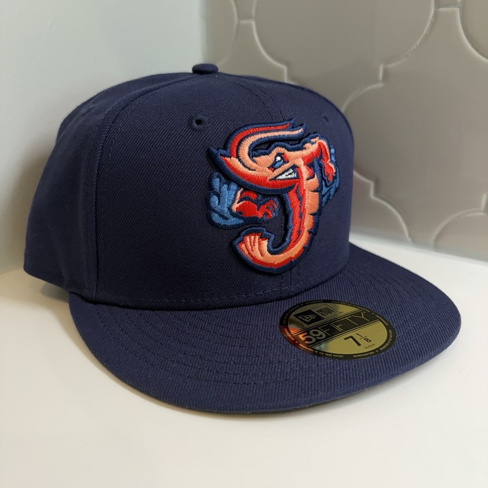 New Era Jacksonville Jumbo Shrimp MiLB 59FIFTY Navy Fitted Hat Size 7 1/8